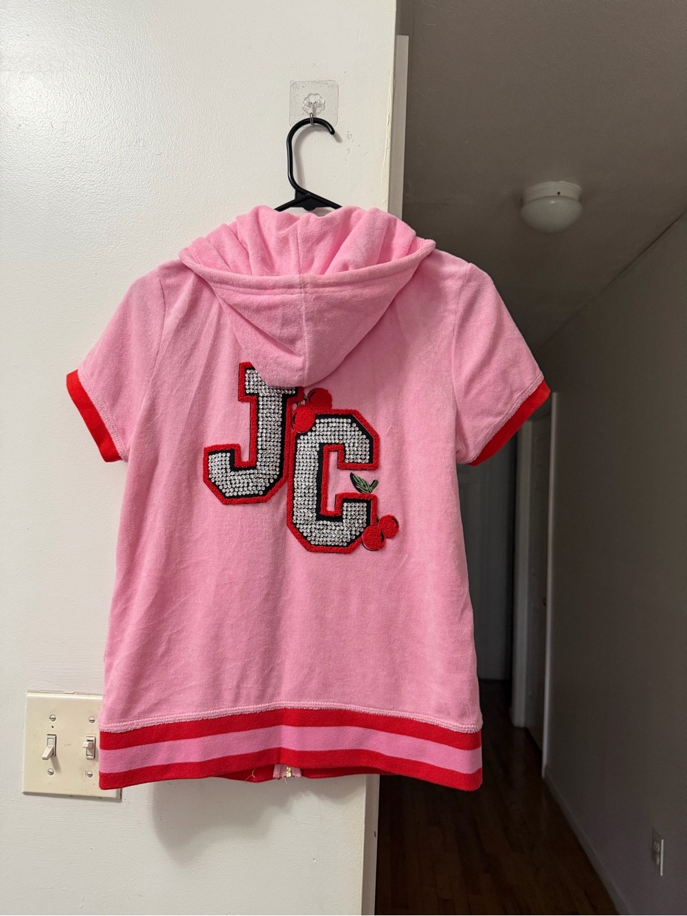 Juicy Couture Pink Hooded Tee with Red Trim & JC Patch